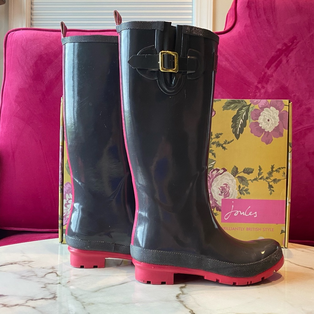 Joules Kelly Welly Rain boots slate gray with Pink SZ 6 - Picture 10 of 16